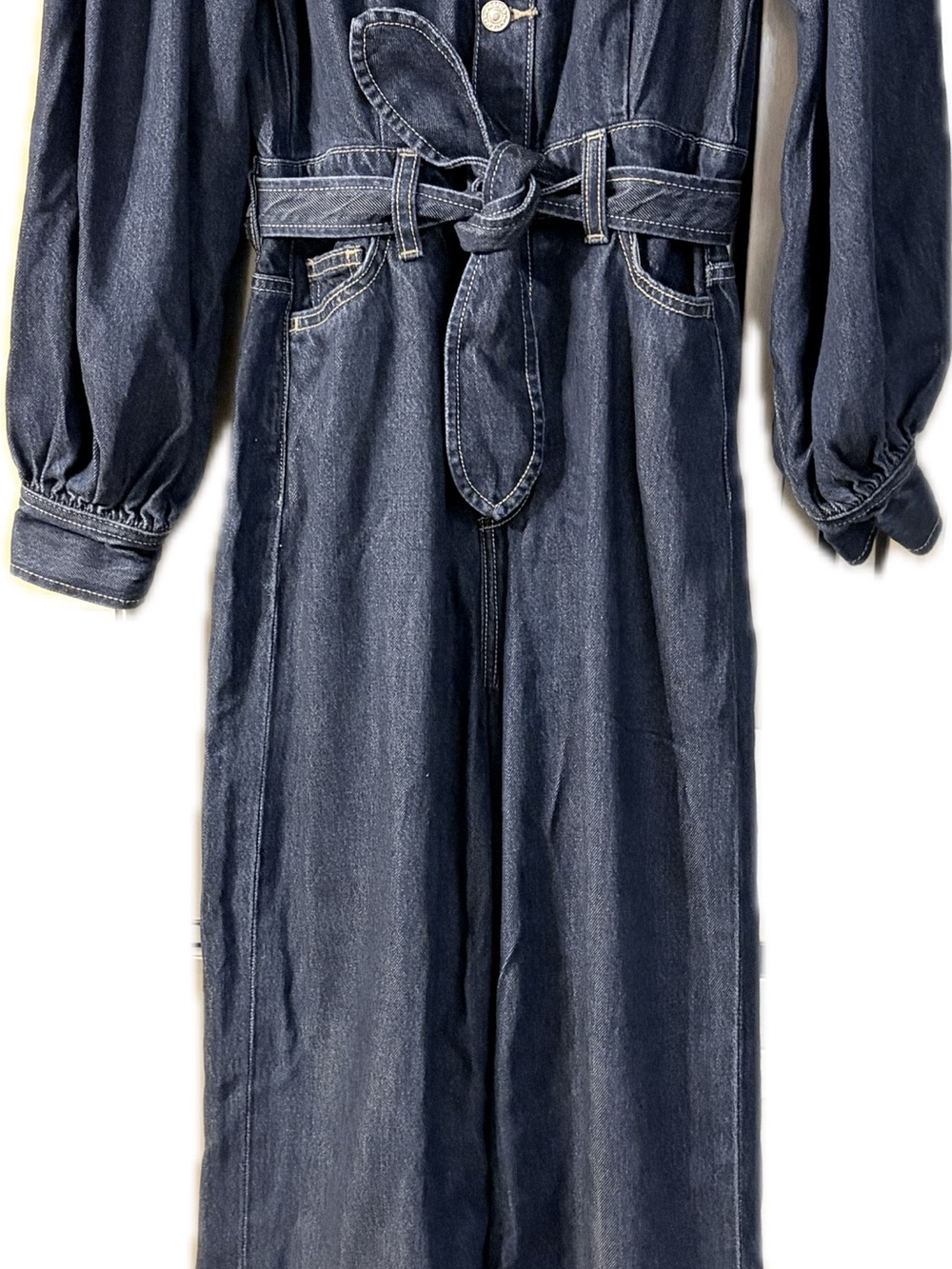 7 For All Mankind Dark Blue Denim Straight Jeans Jumpsuit with Tie Waist
